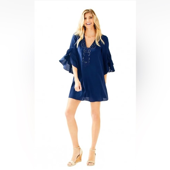 278.00 NWT LILLY PULITZER TATIANA DRESS STRETCH SILK EMBELLISHED NAVY - Picture 4 of 7